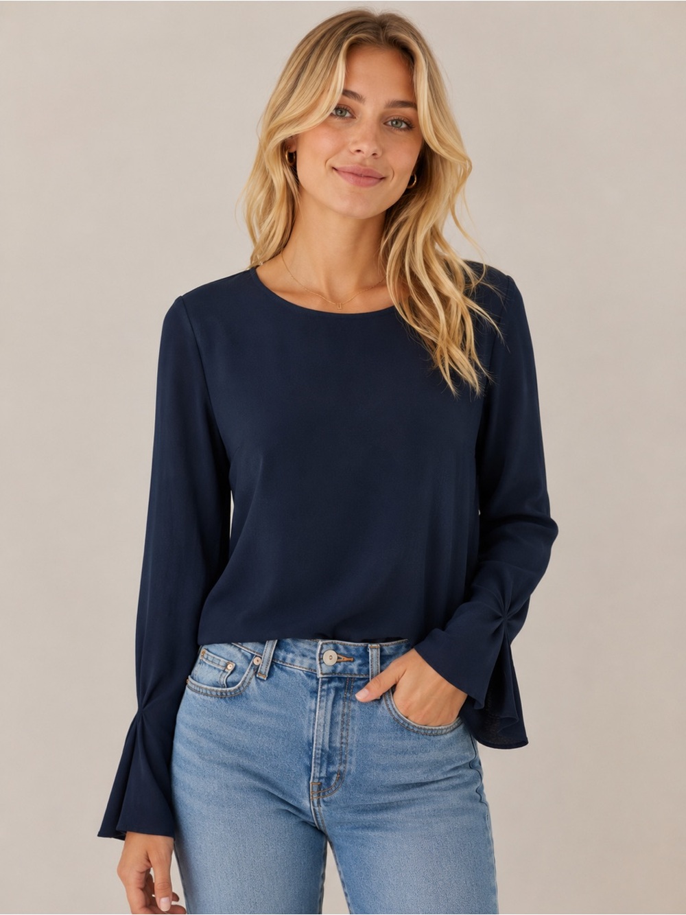 Banana Republic Navy Flare Sleeve Blouse Medium Keyhole Quiet Luxury Business